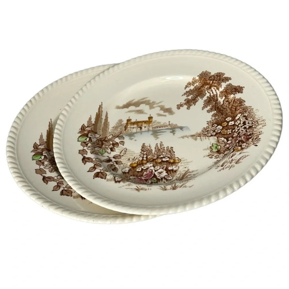 VINTAGE Castle On The Lake Johnson Bros England 2 Dinner Plates Ironstone Brown - Picture 10 of 10